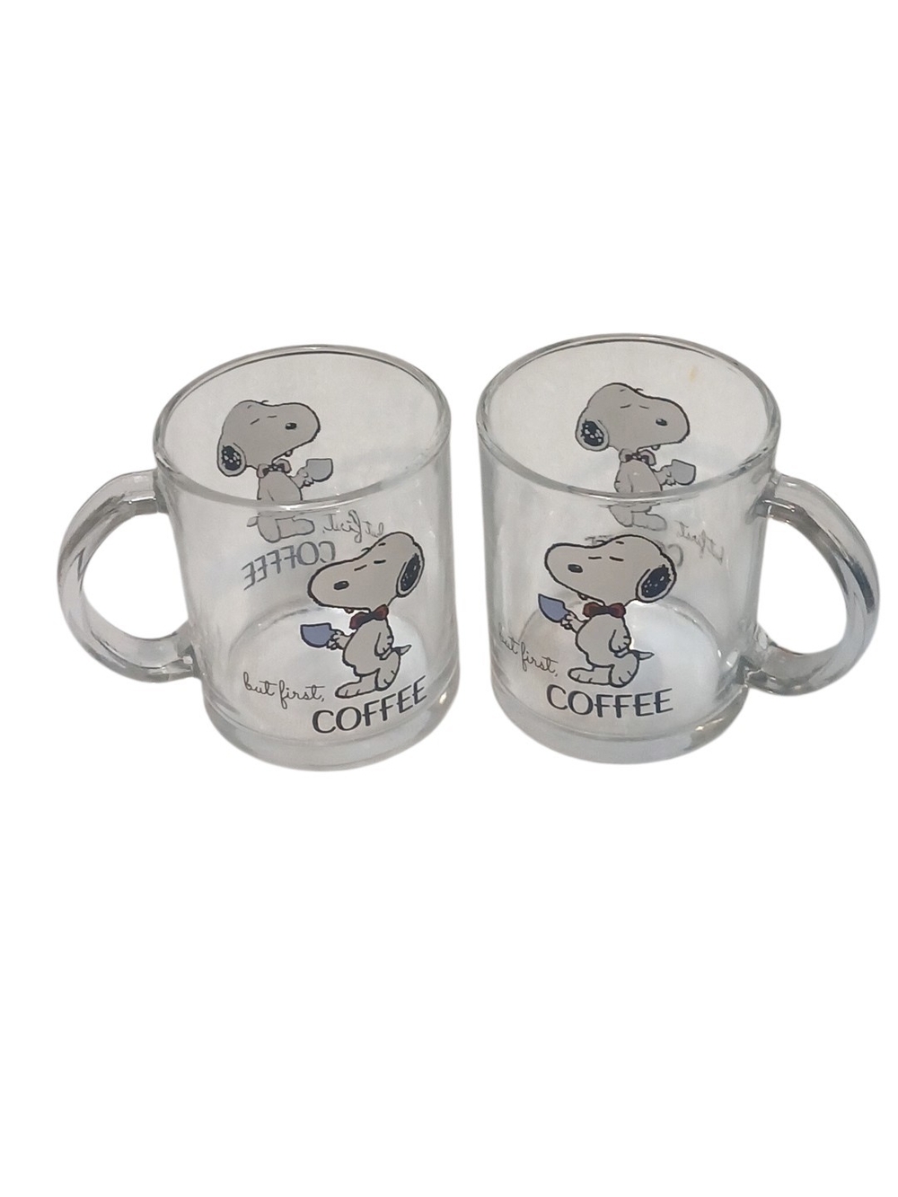 Peanuts Clear Glass Snoopy Coffee Mugs with Black and Blue Accents - Set of 2